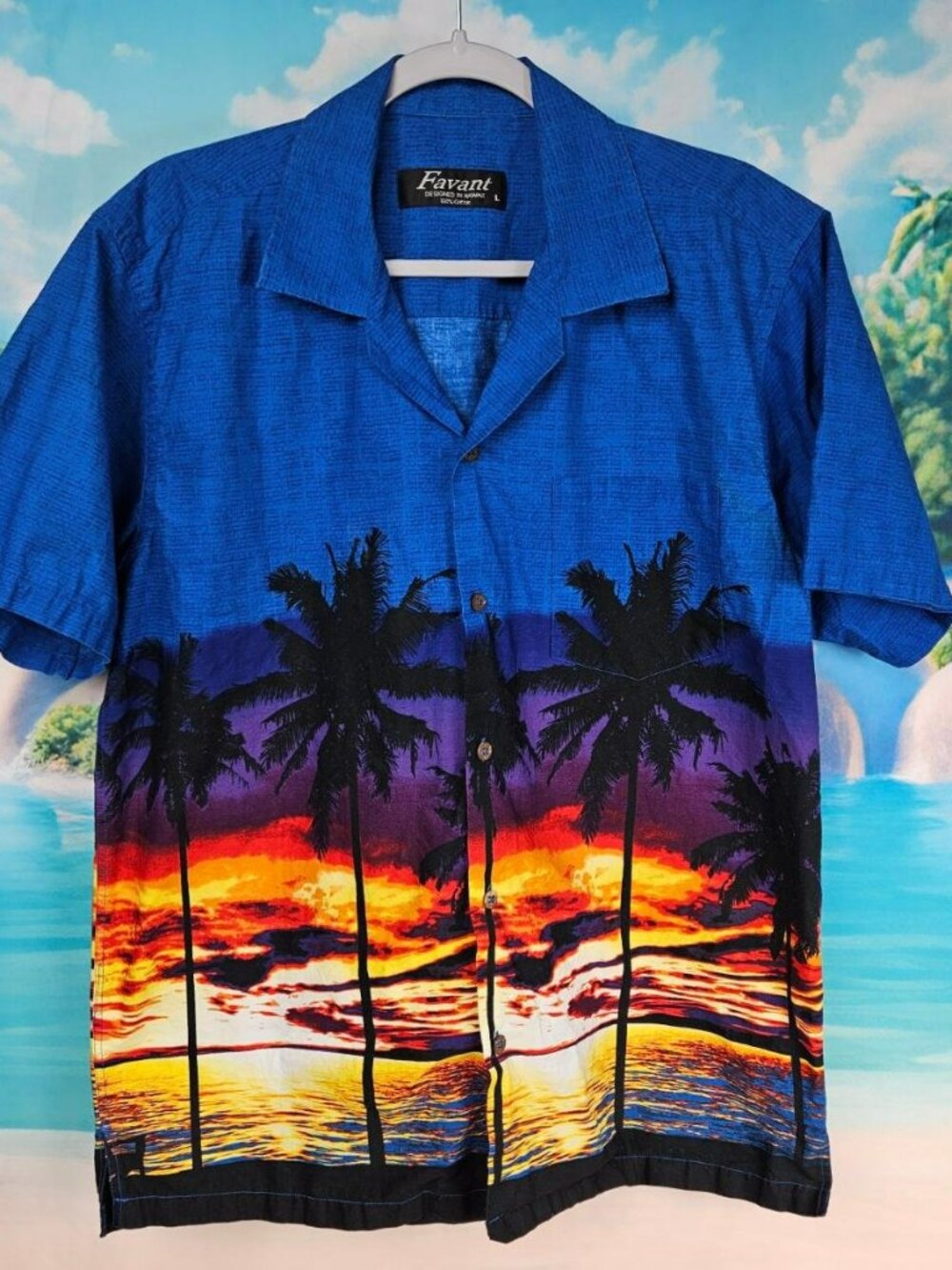 Hawaiian Shirt Blue Sunset Palm Trees Button-Up Casual Shirt Favant Beach Mens L